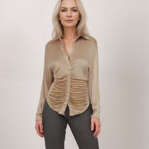 INC Metallic Gold Long Sleeve Elegant Evening Blouse with Ruching in Size XL